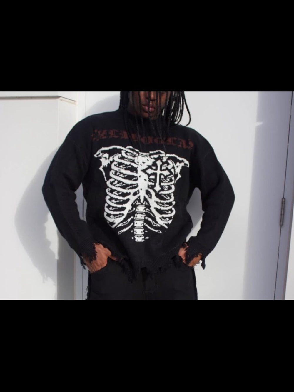 Black Distressed Skeleton Graphic Sweater